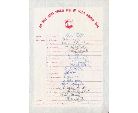 West Indies Cricketers signed team sheet. Includes 19 Signatures. Sheet titled 'The West Indies Cricket Tour of United Kingdo