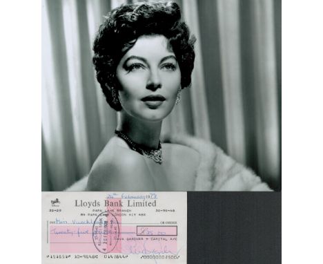 Ava Gardner signed Lloyds Bank Cheque dated 24th February 1978 lot comes with stunning 10x8 black and white photo. Ava Lavini