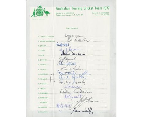 Australian 1977 Cricketers signed team sheet. Includes 17 Signatures. Sheet titled 'Australian Touring Cricket Team 1977'. Si