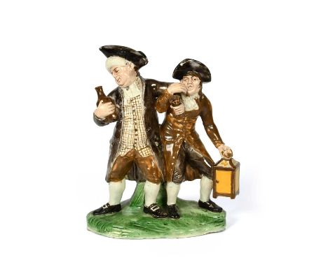 A good Staffordshire figure group of the Vicar and Moses, c.1790, probably Enoch Wood, the drunken pair holding onto each oth