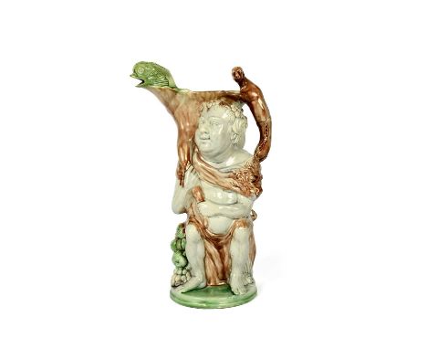 A large Ralph Wood 'Pan and Bacchus' jug, c.1780, the corpulent god holding a cornucopia with dolphin spout, being supported 