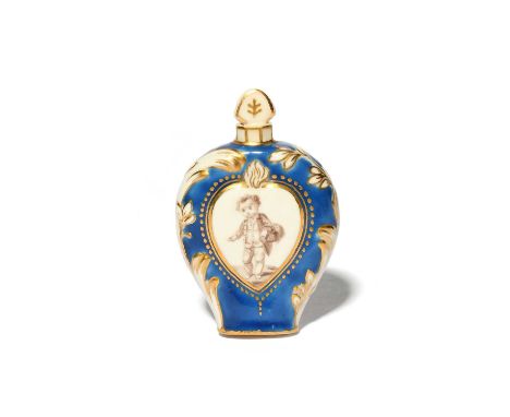 A rare Chelsea-Derby scent bottle or flask, c.1775, the flattened form painted with sepia panels, one side with a boy carryin