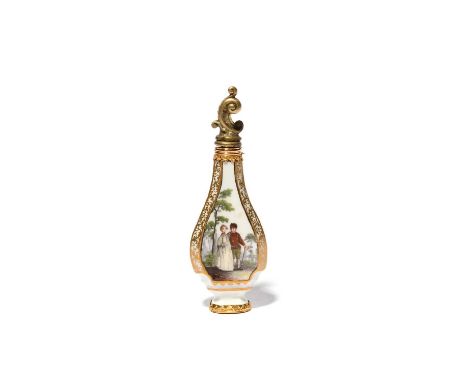 A Meissen scent bottle or flask, c.1750-60, of flattened pear shape, painted with Watteau-esque scenes of courting couples in