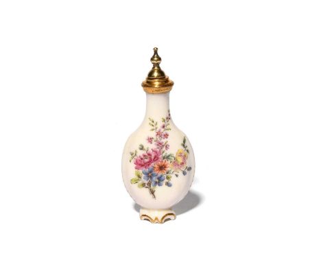 A Chelsea scent bottle, c.1753-55, the flattened flask form painted with sprays of flowers, the reverse with pink roses, the 