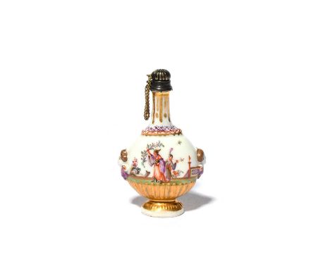 A Meissen scent bottle, c.1730, of flattened pilgrim flask form, finely painted probably outside the factory with chinoiserie