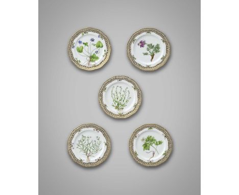 Five Royal Copenhagen Flora Danica plates, late 19th century, each painted with a botanical specimen including Anemone nemoro