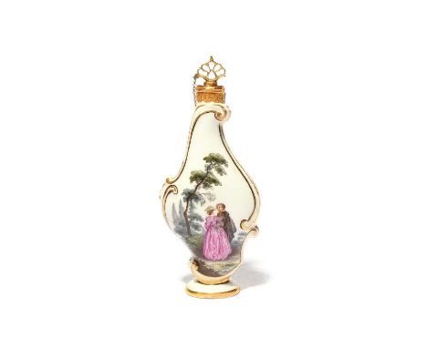 A large Meissen scent bottle or flask, c.1750, the flattened rococo shape painted with Watteau-esque scenes of courting coupl