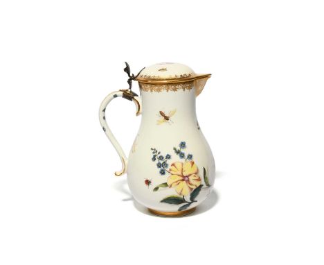 A Meissen coffee or water pot with hinged silver-mounted cover, c.1738-44, the baluster body finely painted with a botanical 