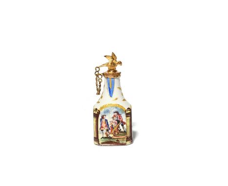 A small South Staffordshire enamel scent bottle, c.1770-80, the rectangular form painted with a scene of children playing wit