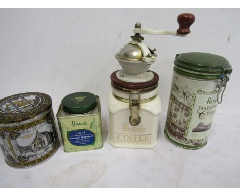 Harrods coffee grinder and tea tins plus one other tin