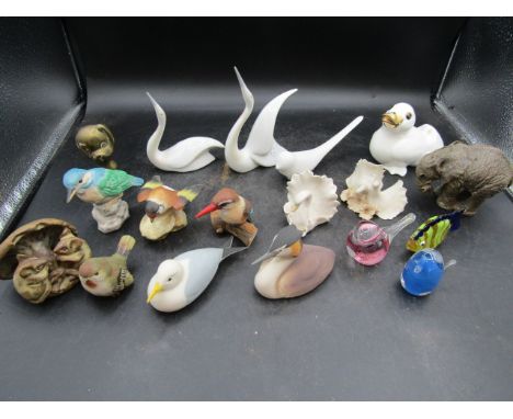 Various animals inc Royal Worcester birds, Beswick duck, studio pottery mice, Italian glass fish, glass birds, brass dog etc