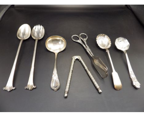 Silver plated Walker and Hall salad servers, Atkin bros plated sauce ladle, metal nut/lobster crackers, silver plated cake to