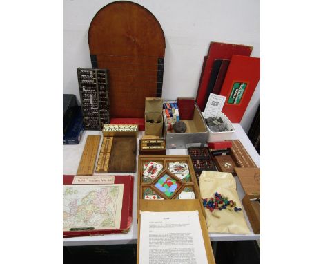 A collection of vintage games, Shove Ha'penny board, wooden puzzle, playing cards, cribbage boards, dominoes etc etc