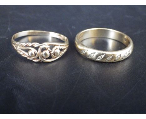 9ct gold and diamond band size Q/R and a 9ct gold ring (shank worn) size R, 4.13g total lot weight