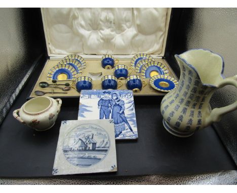 Royal Worcester part cup &amp; saucer set, 2 painted tiles, Chinese jug and hand painted pot