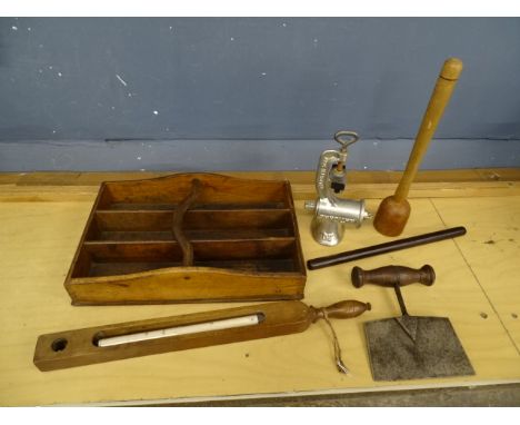 Antique dairy thermometer, cutlery tray and dough cutter etc&nbsp;