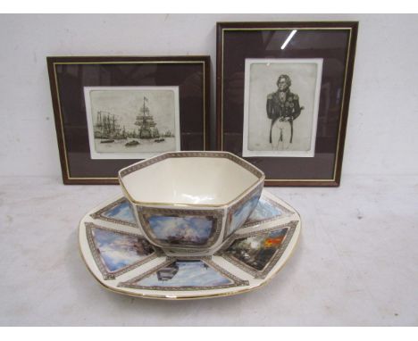 1st issue signed etching of Lord Nelson and of Victory Ship plus a Wade commemorative bowl and plate&nbsp;