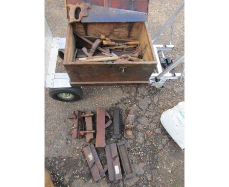 A wooden engineers box with woodwork tools