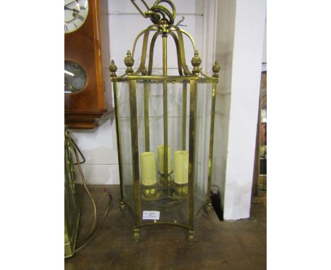 A brass lantern style ceiling light 55cmL without chain 27cm diameter (corner to corner) the length from ceiling fitting (inc