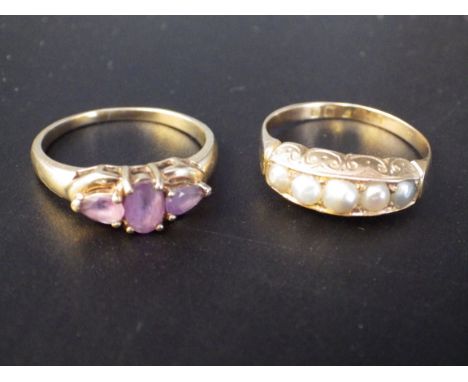 9ct gold, amethyst ring, size Q/R has had historic repair to shank, and a 9ct gold and pearl ring size R, 5.61 total lot weig