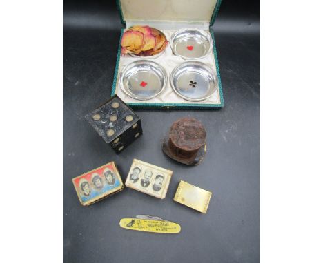 Collectors lot- vesta cases, metal dice and top hat, penknife and set 4 metal playing card theme dishes&nbsp;