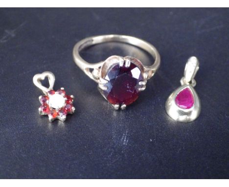 9ct gold and dark citrine ring size O plus a white opal and citrine 9ct gold pendant and a 9ct gold and rubellite pendant. 3.