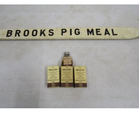 vintage Brooks Pig Meal snout stick and 3 (empty) veterinary bottles