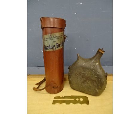 French WW1 military water bottle, brass military button polish protector and vintage leather case