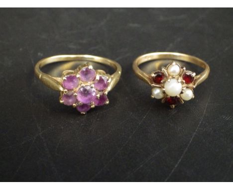 9ct gold and Amethyst ring size size T, and a 9ct gold Pearl and ruby ring size O, 4.90g total weight.