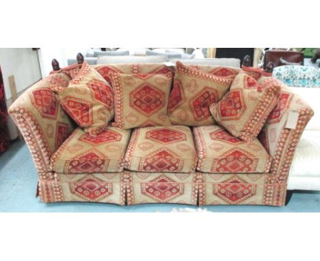 KNOLE SOFA, three seater, in brown and red patterned chenille with loose cushions and tradItional drop ends, 217cm W x 99cm D