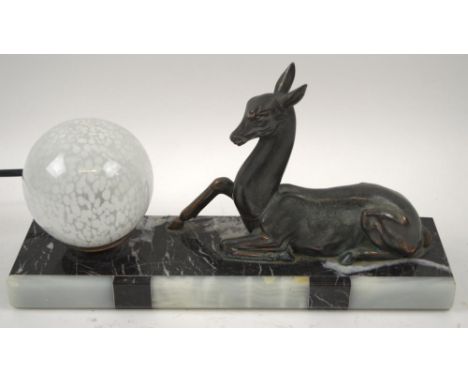 TABLE LAMP, Art Deco, spelter and marble with deer mount and glass shade, 18cm H x 35cm W x 10cm D. 