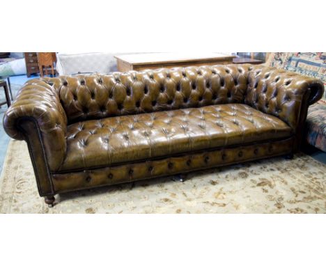 CHESTERFIELD SOFA, vintage hand finished tan brown leather deep buttton upholstered rounded back arms and seat, 237cm W.