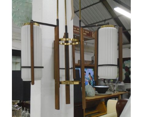 PENDANT CEILING LIGHT, Italian 1950's with triform tubular shades, 95cm H x 46cm W.