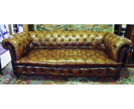 CHESTERFIELD SOFA, Victorian, vintage tan brown leather, all over deep button upholstered, rounded back and arms, 216cm W.