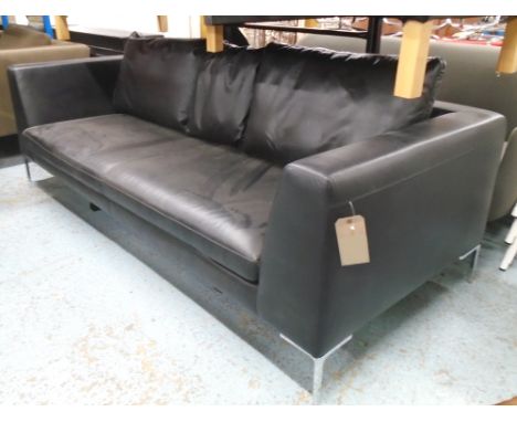 SOFA, mid century taste in a black leather on polished metal bracket feet, 227cm L x 95cm W x 70cm H.