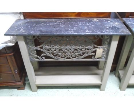 CONSOLE, vintage continental grey painted with antique wrought iron inset panel, undertier and grey marble tops, 116cm W x 92