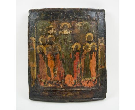 ICON, 19th century painted on wooden panel depicting a gathering of saintly figures, 32.5cm H x 28cm W. (with faults)