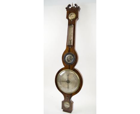 WHEEL BAROMETER, early Victorian rosewood with hygrometer, thermometer, convex mirro, silvered dial and spirit level, 98cm H 