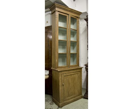 BOOKCASE, 19th century grain painted with two wire mesh doors enclosing shelves with panel door below, 243cm H x 90cm W x 40c