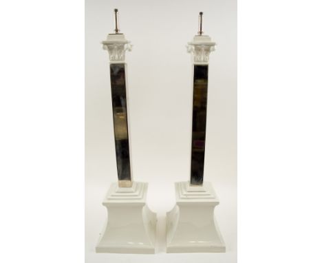 TABLE LAMPS, a pair, Art Deco white ceramic and nickel plated of square column form, 67cm H x 18cm W. (2)