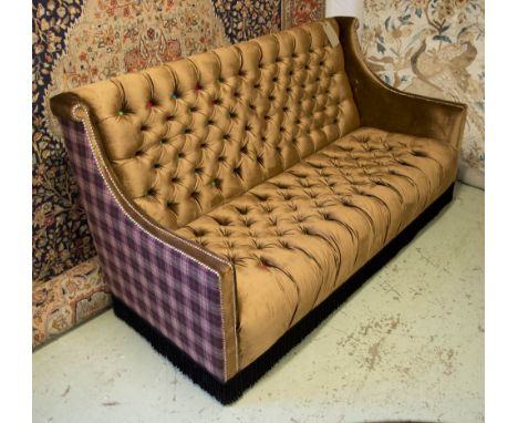 SOFA, in tartan and velvet fabric, with tasselled fringe, 176cm W x 75cm D x 93cm H.