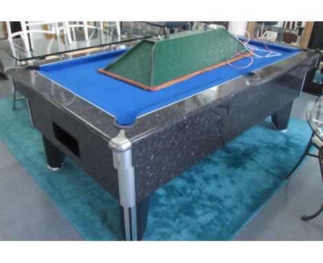 POOL TABLE, Excel, blue baize marbilised frame with hanging light, 220cm L x 130cm W x 80cm H.