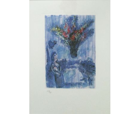 MARC CHAGALL, 'The vase et ciel', lithograph, bearing 'Spadem' blind stamp, 42cm x 47cm, framed.