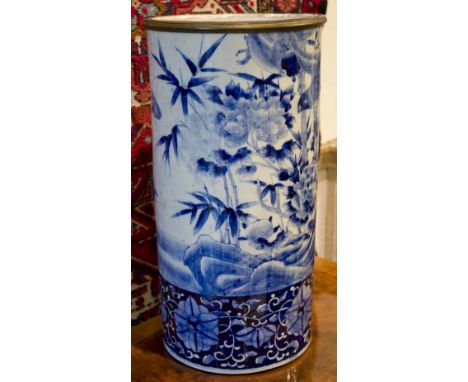 STICK STAND, 19th century Oriental blue/white ceramic decorated birds in a landscape, metal rim, 24cm diam. x 46.5cm H. (with