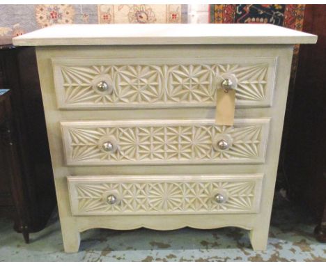 COMMODE, Italian style, grey painted with three carved drawers, 94cm H x 102cm W x 51cm D.