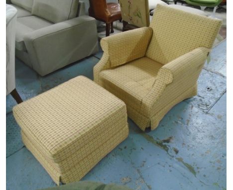 ARMCHAIR AND STOOL, with a yellow patterned upholstery, 73cm x 76cm x 76cm; stool 60cm x 56cm x 40cm. (lacking cushion)