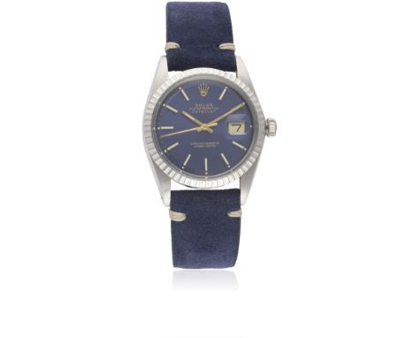A GENTLEMAN'S STAINLESS STEEL ROLEX OYSTER PERPETUAL DATEJUST WRIST WATCHCIRCA 1972, REF. 1603 WITH BLUE DIALMovement: 26J, a