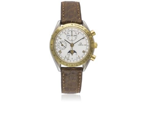 A GENTLEMAN'S STEEL & GOLD OMEGA SPEEDMASTER MOONPHASE TRIPLE CALENDAR AUTOMATIC CHRONOGRAPH WRIST WATCH CIRCA 1991Movement: 