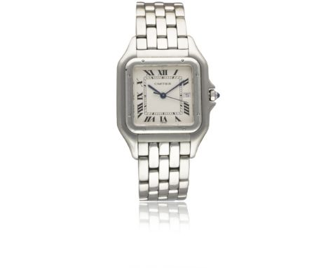 A GENTLEMAN'S STAINLESS STEEL CARTIER PANTHERE "JUMBO" BRACELET WATCHCIRCA 1990s, REF. 1300 WITH CARTIER BOXMovement: Quartz,