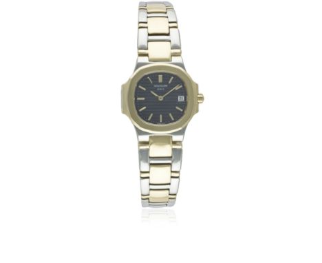 A LADIES STEEL & GOLD PATEK PHILIPPE NAUTILUS BRACELET WATCH CIRCA 1990s Movement: Quartz, signed Patek Philippe, numbered.Ca